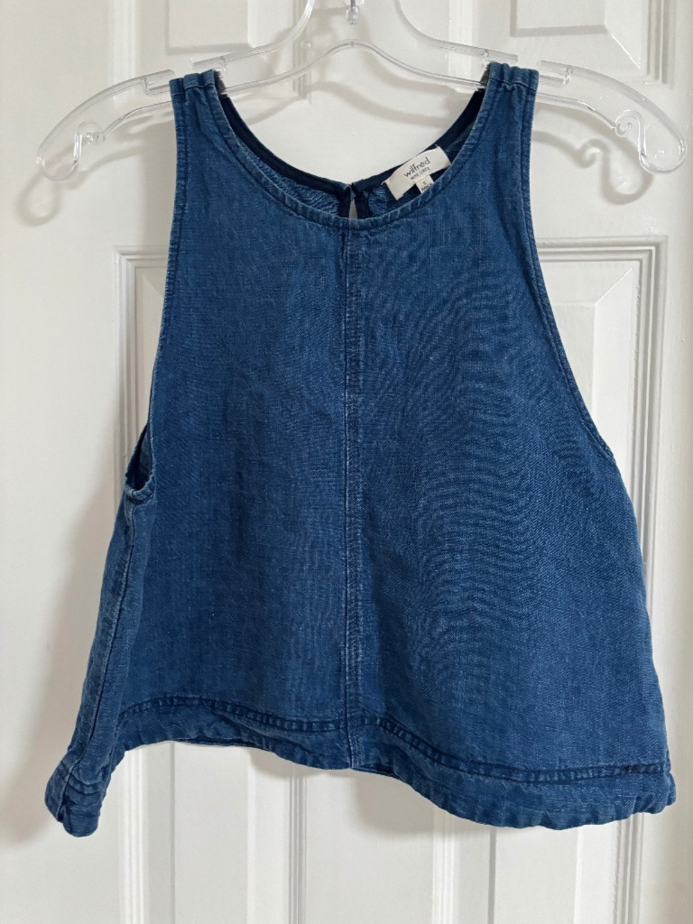 Aritzia Wilfred Free Blue Linen High-Neck Cropped Tank Top - Size Small